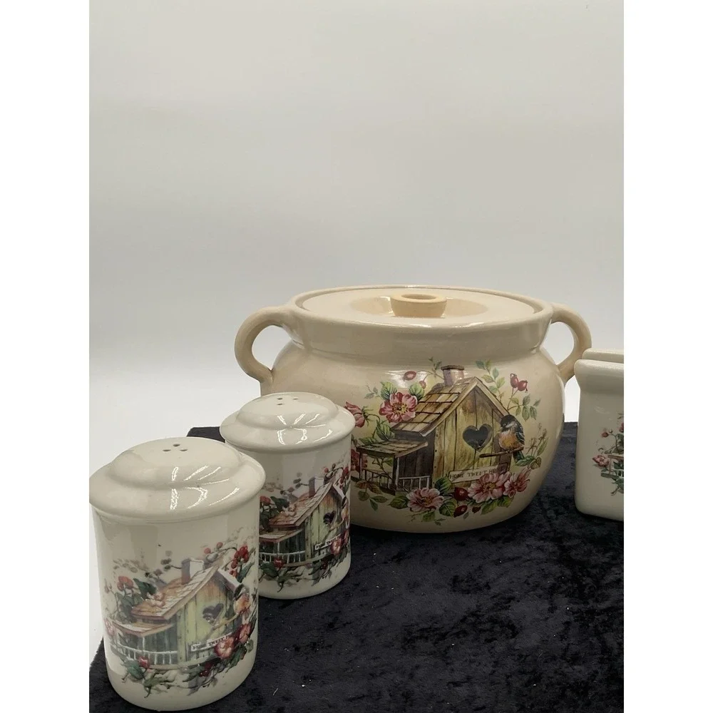 Vintage Country Birdhouse Kitchen Set Large Jar Salt Pepper Napkin Holders 5 Pc